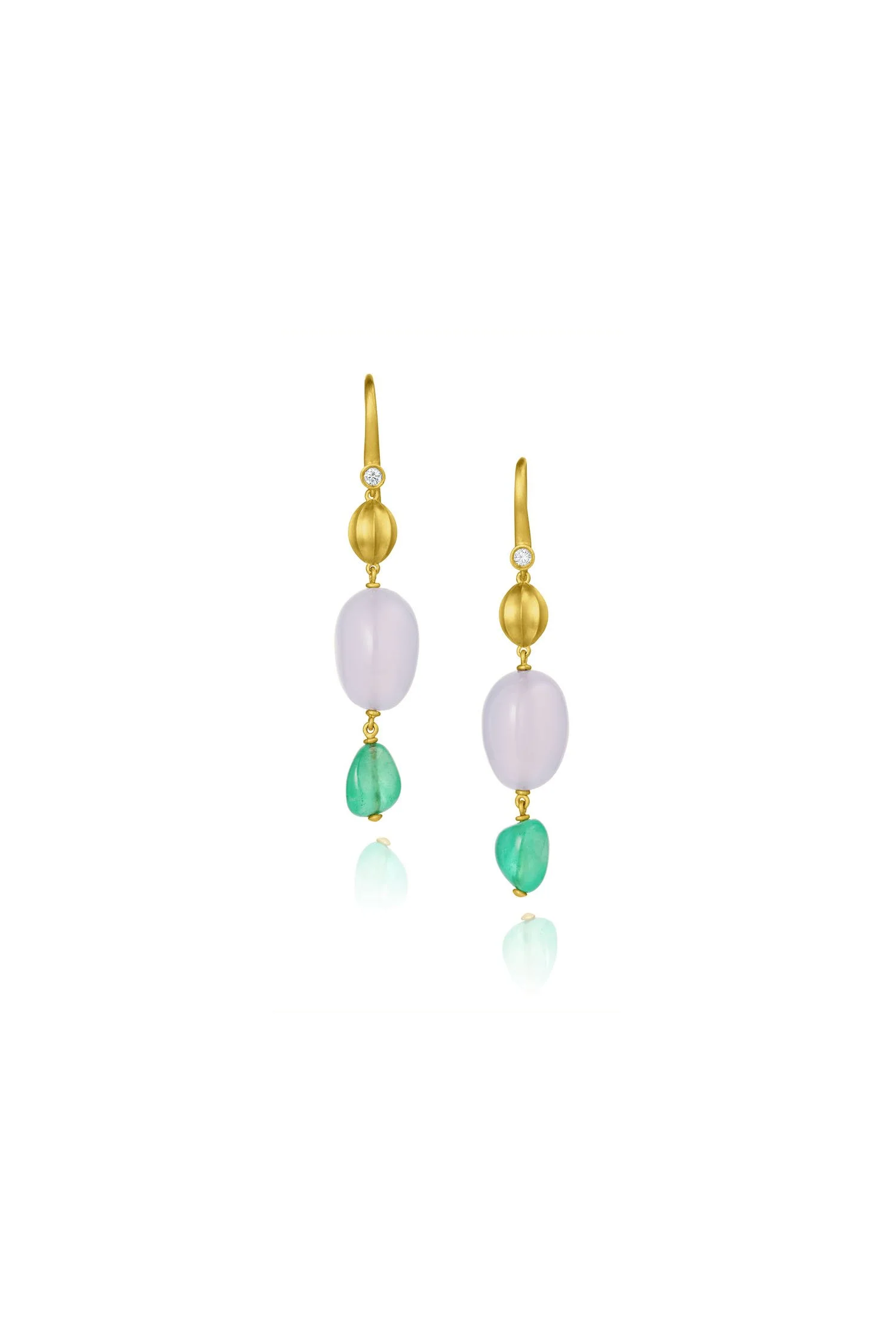 Medium Wave Bead Earrings with Double Gemstone Bead Drop - Emerald & Chalcedony