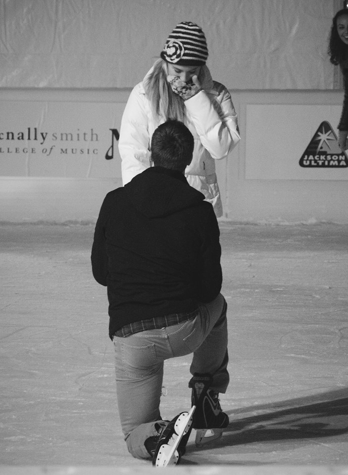 Adam popping the question at our favorite skating spot, Rice Park