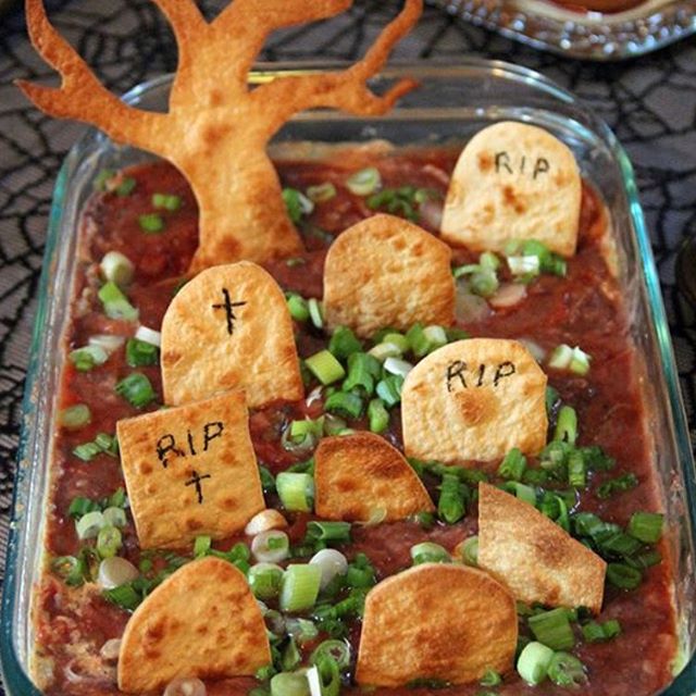 Graveyard dip ! Try this easy dip for your Halloween celebration! #dip #halloween #halloweenparty #halloweenfood #coolfood #recipes #bthev get the recipe on our blog behindthevibe.com