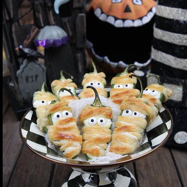Cool jalepeno poppers for your Halloween Bash!!! Get the recipe on our blog. Behindthevibe.com #halloween #halloweenappetizers #recipes #halloweenrecipes #fun #partyideas
