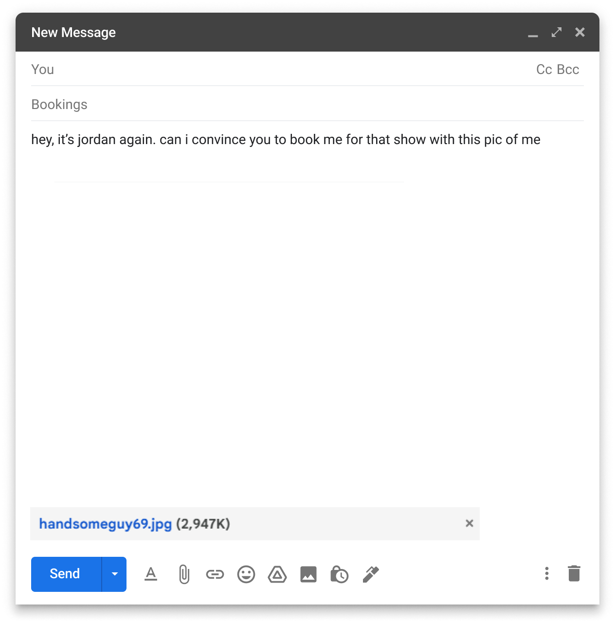 Screenshot of an email message with an attached image named 'handsomeguy69.jpg'. The message asks Jordan to book them for a show.