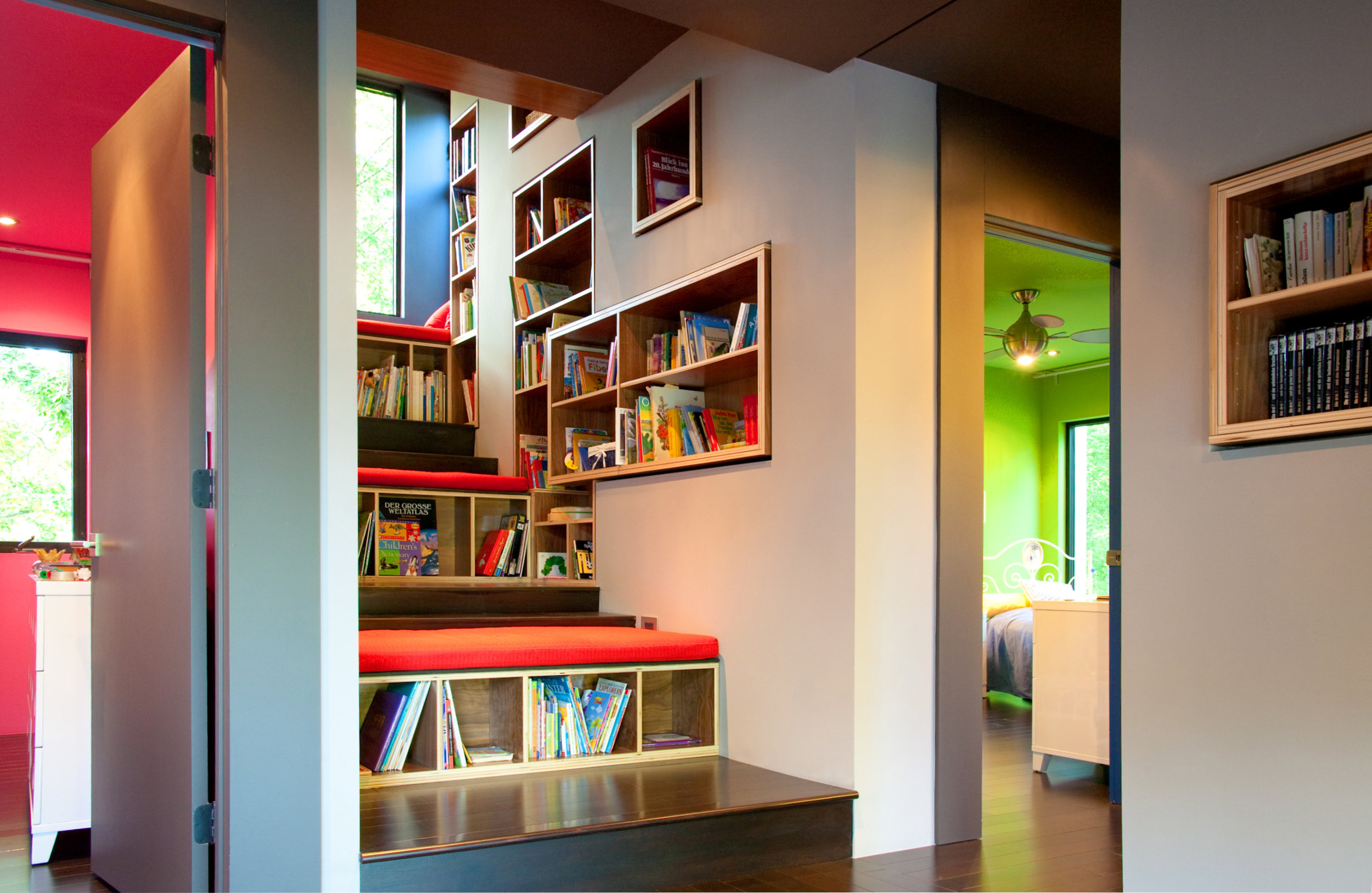 Schoenberg Residence Charlotte NC - a modern fun innovative staircase and bookcase library