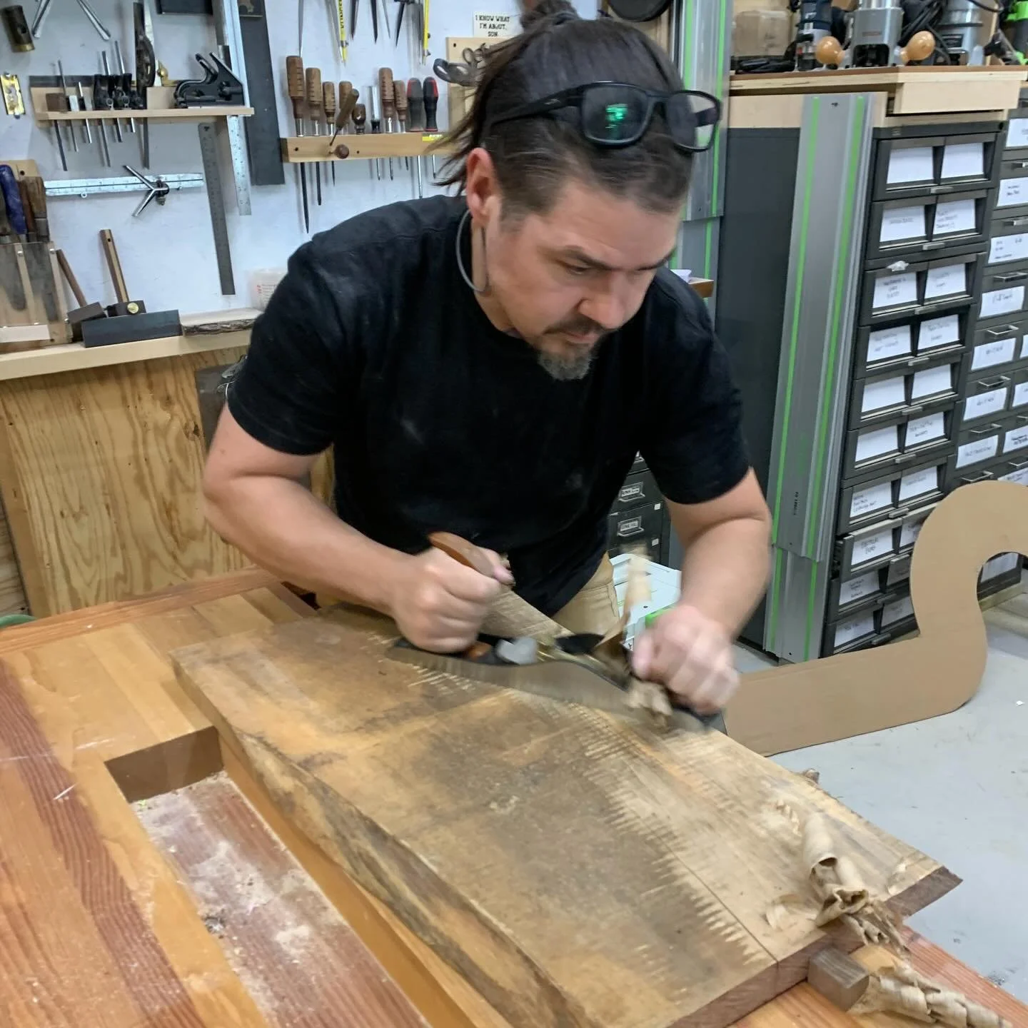 Adam Jochim, famed fine-woodworker of @pitchandburl had architect Rick Kazebee of @kazebeedesign and our own Toby Witte over for a show-n-tell of his new shop location. If ever you have seen a bunch of craft building nerds geeking out, it doesn&rsquo
