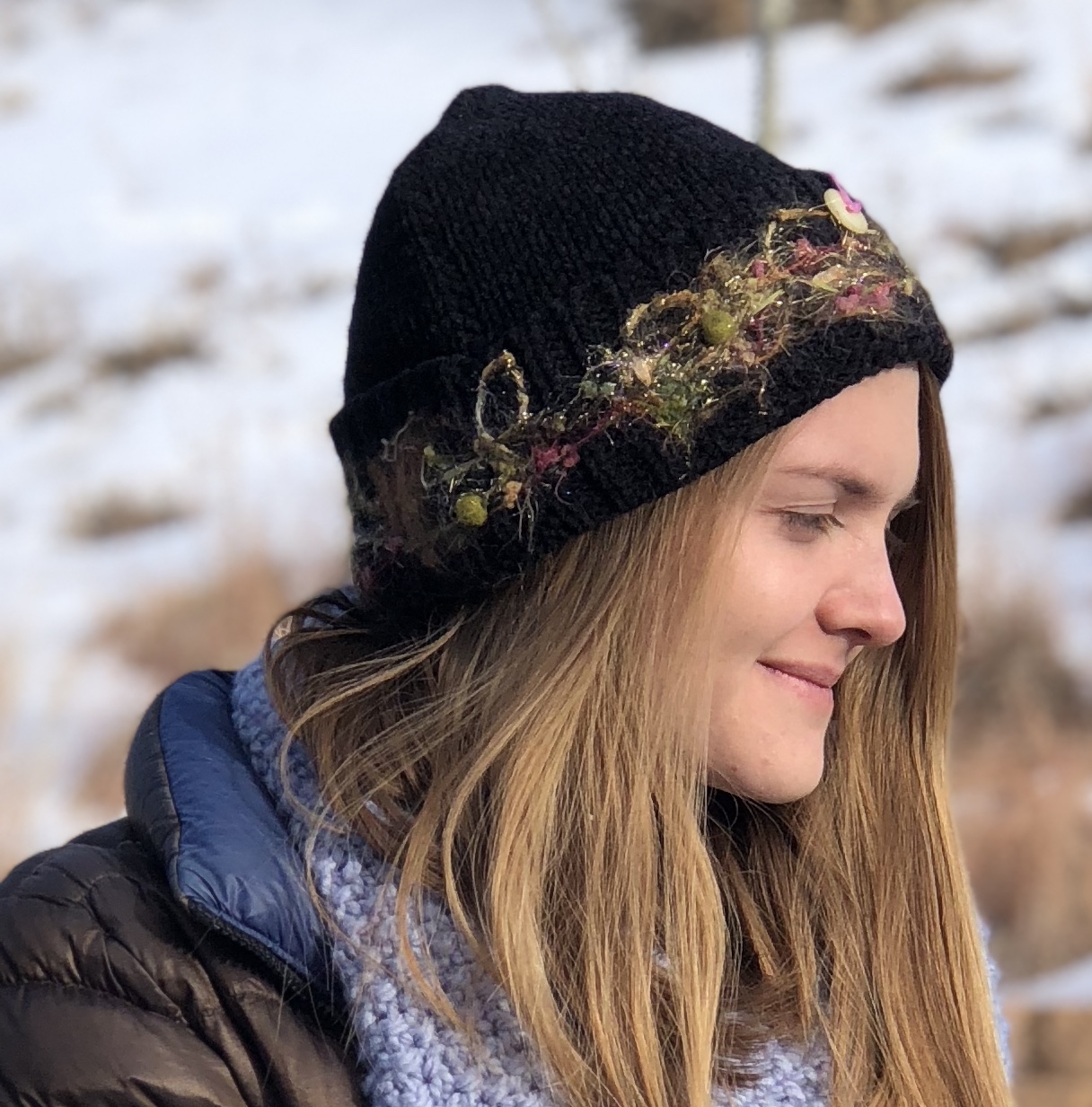 Needle felted embellished knit hat