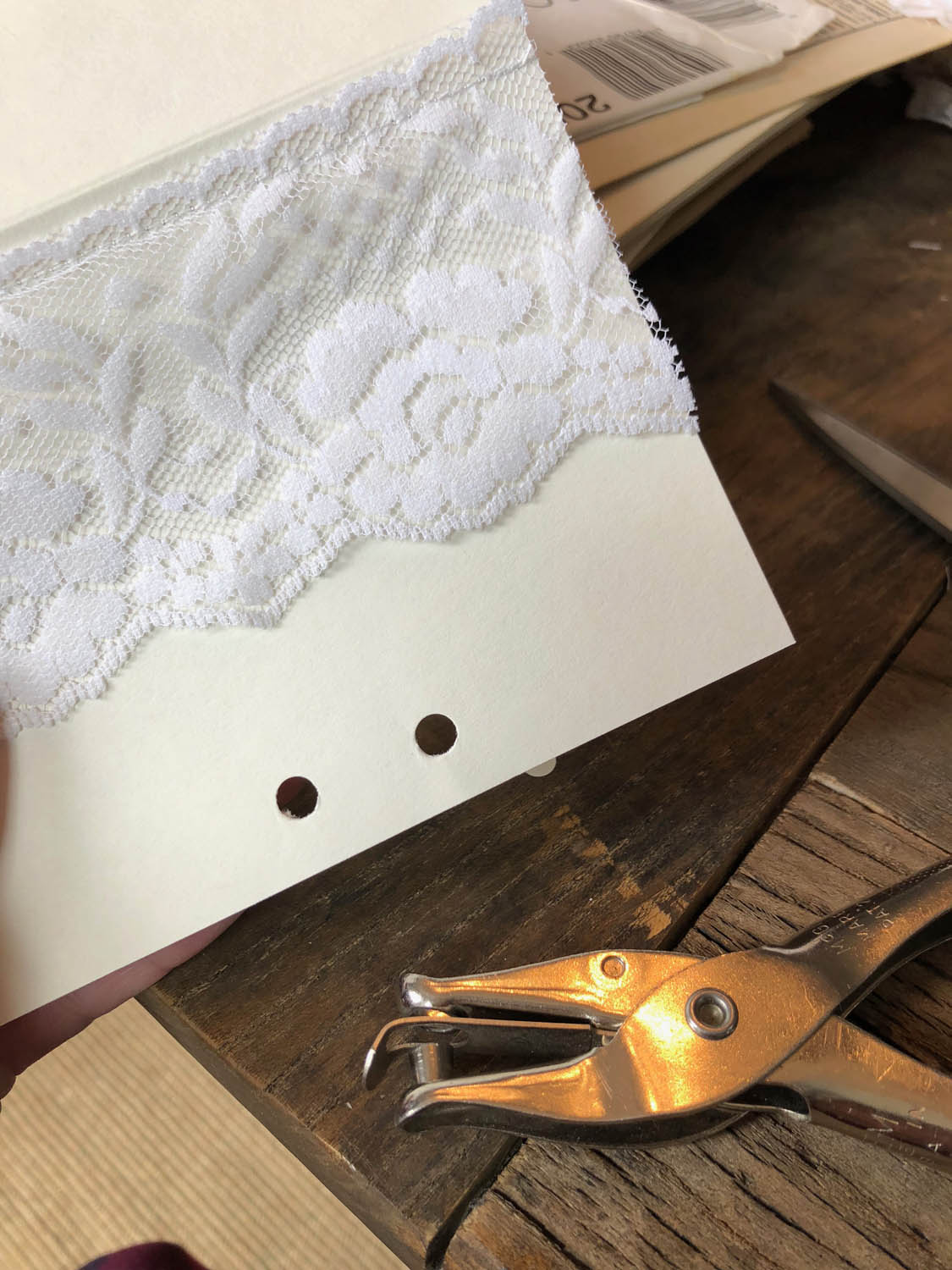 vintage lace machine-sewn to hand made card