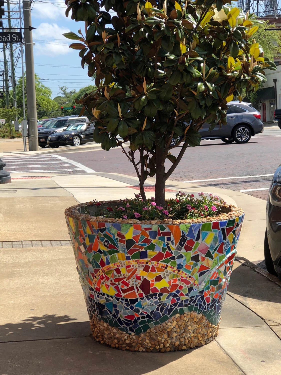 Tile mosaic pot on the street in downtown Thomasville, Georgia