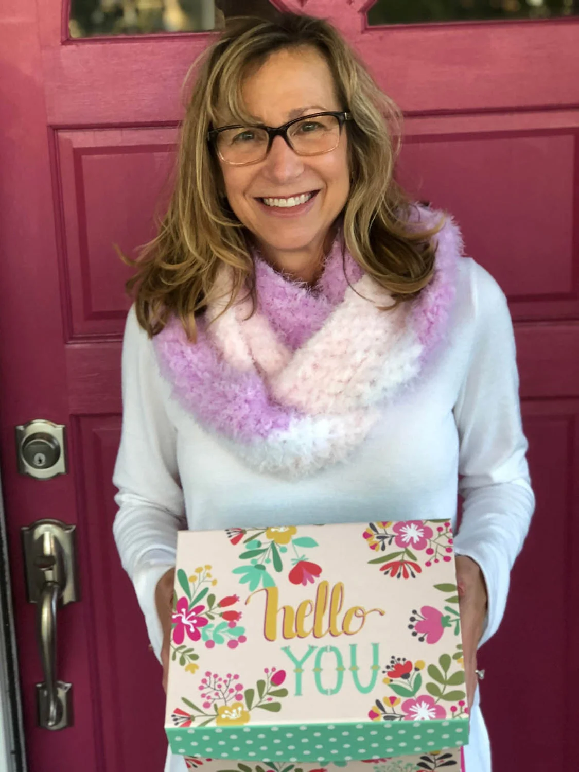 Ashley modeling the crocheted faux fur infinity scarf made with Fair Isle Yarns Boa yarn