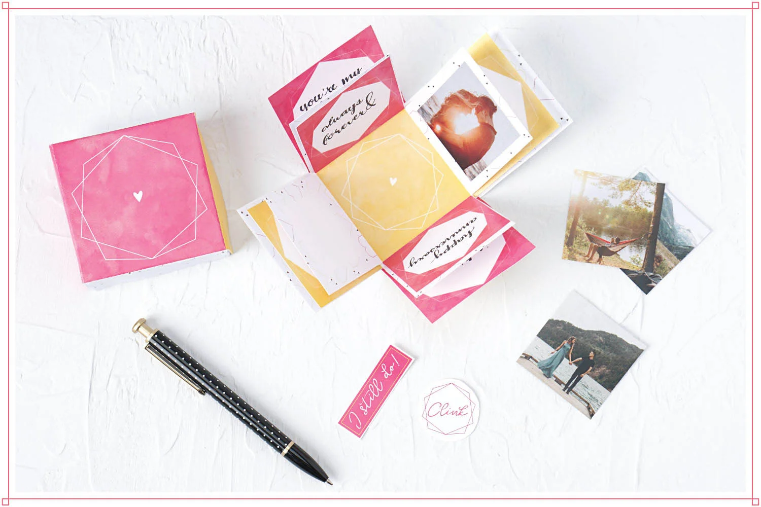 Pen, photos, and paper embellishments cut from the free 3d explosion box printable card