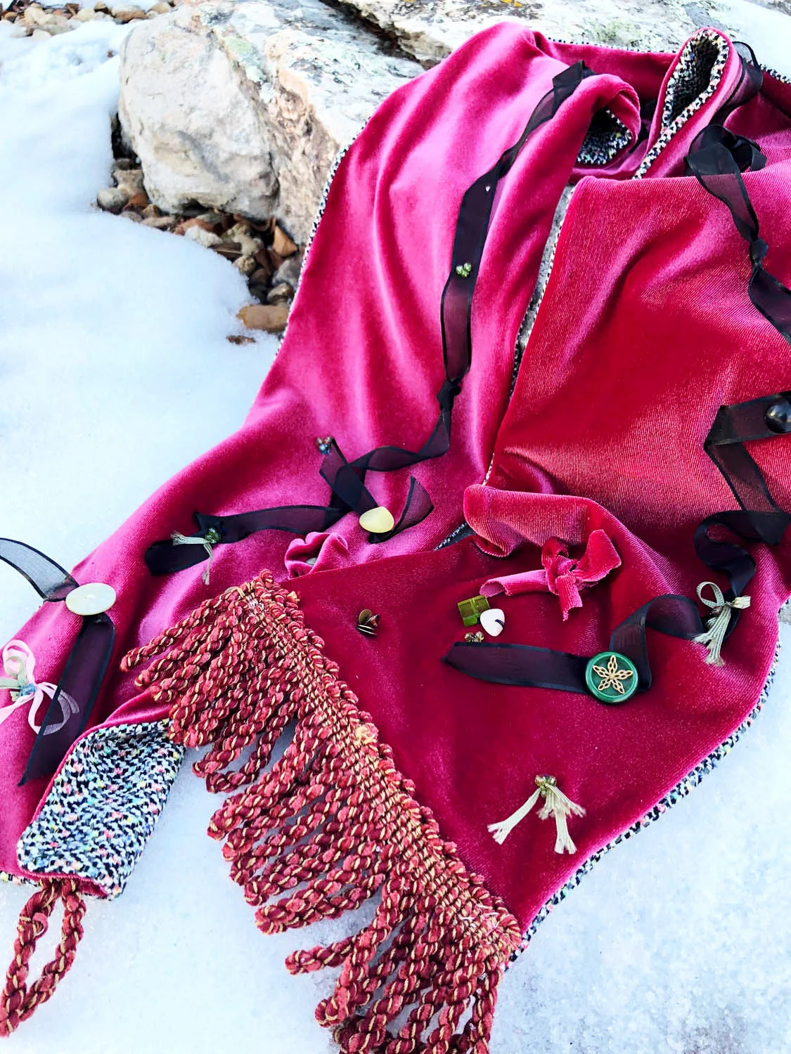 Hand made embellished velvet dressy winter scarf on snow