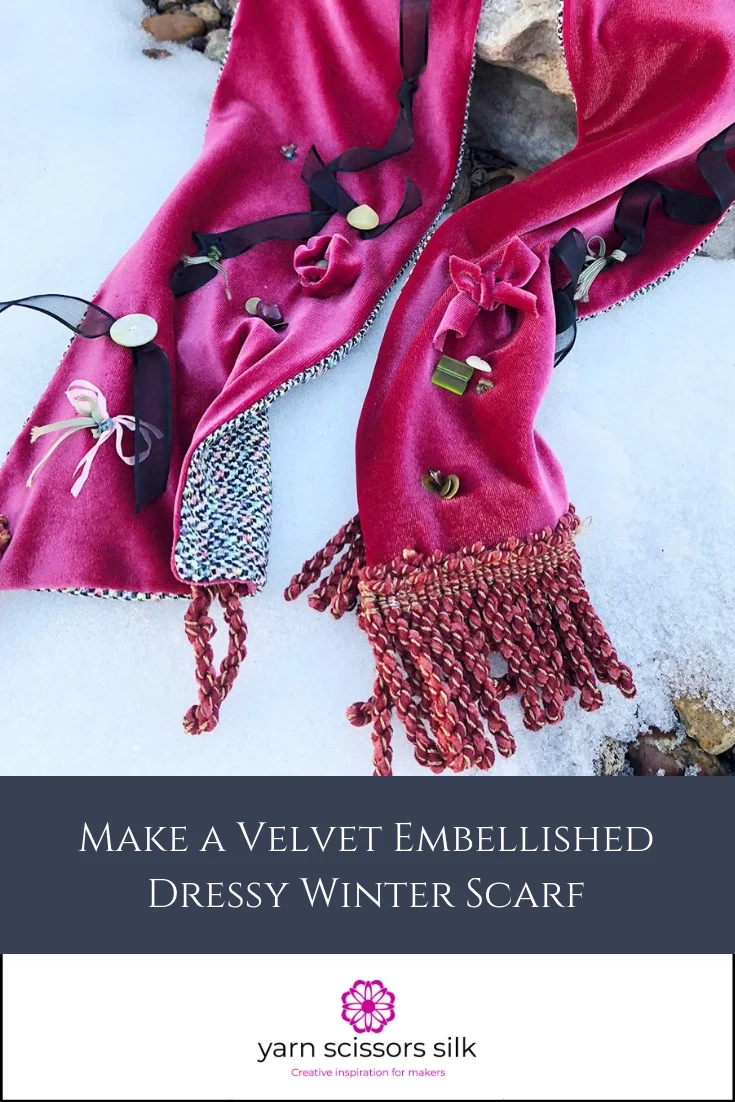 Make a velvet embellished dressy winter scarf with the Yarn Scissors Silk tutorial.