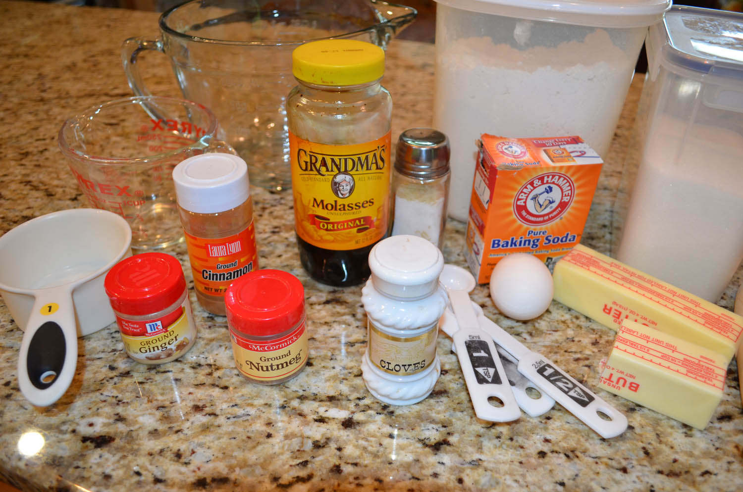 Ingredients on a counter for making Ashley’s Chewy Ginger Cookie recipe.