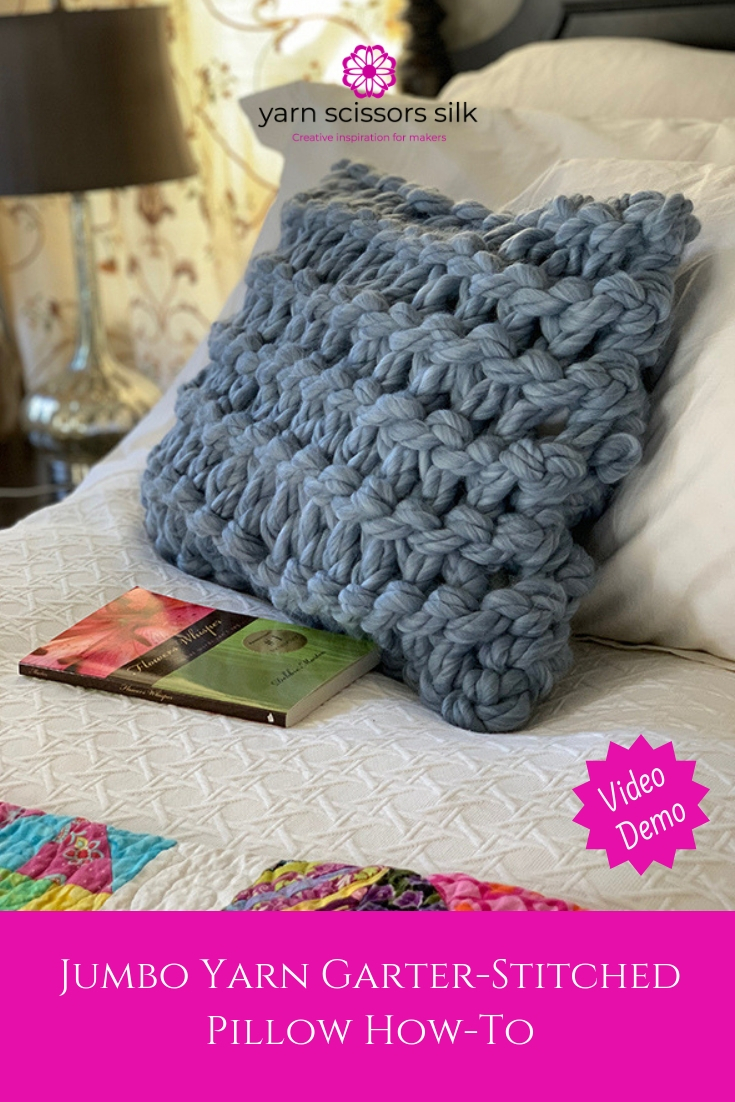 Jumbo yarn garter-stitched pillow knitting tutorial how-to with video demo.