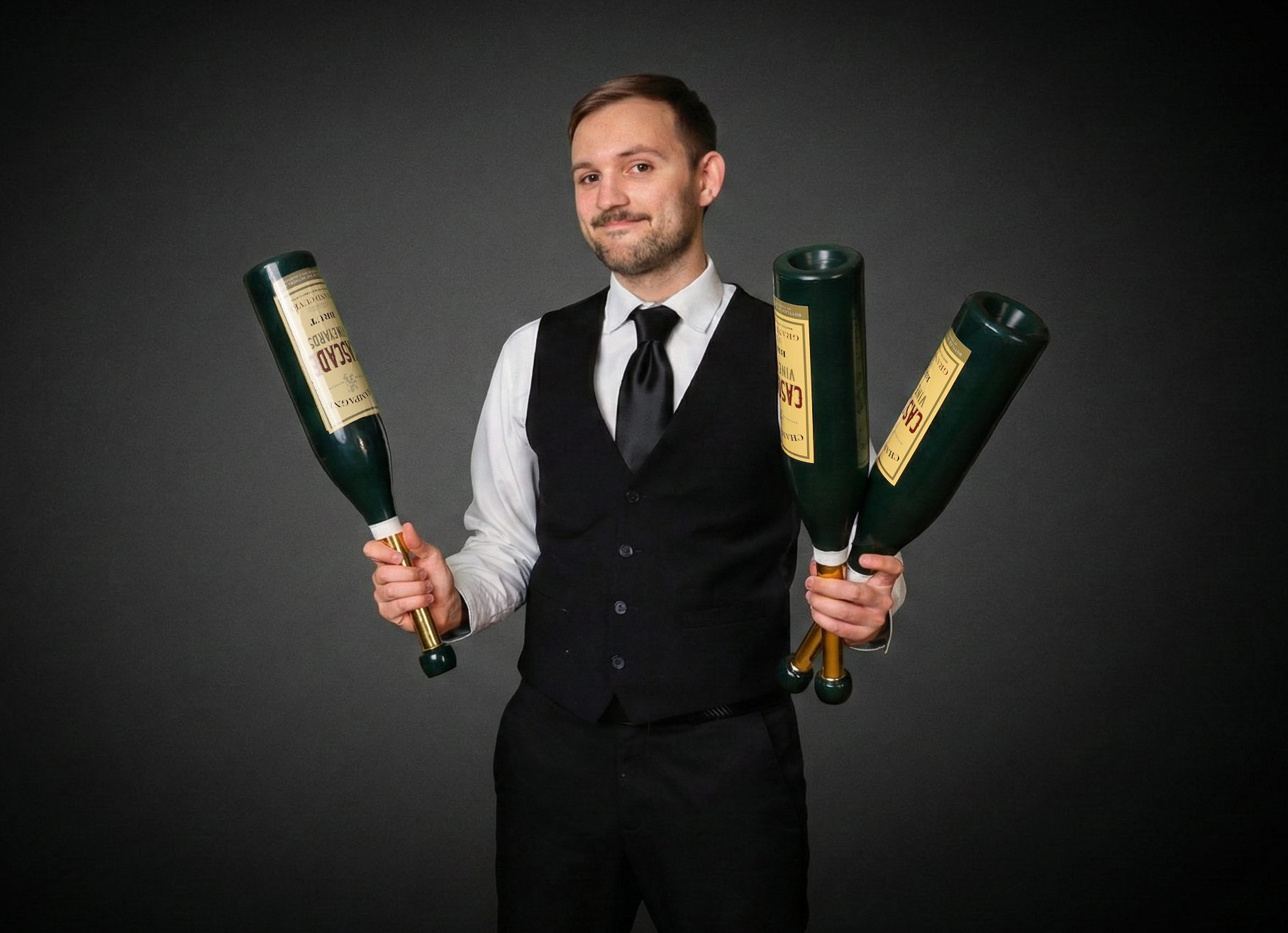 A man dressed in a black vest, white shirt, and black tie standing against a dark background, holding three green champagne bottles.