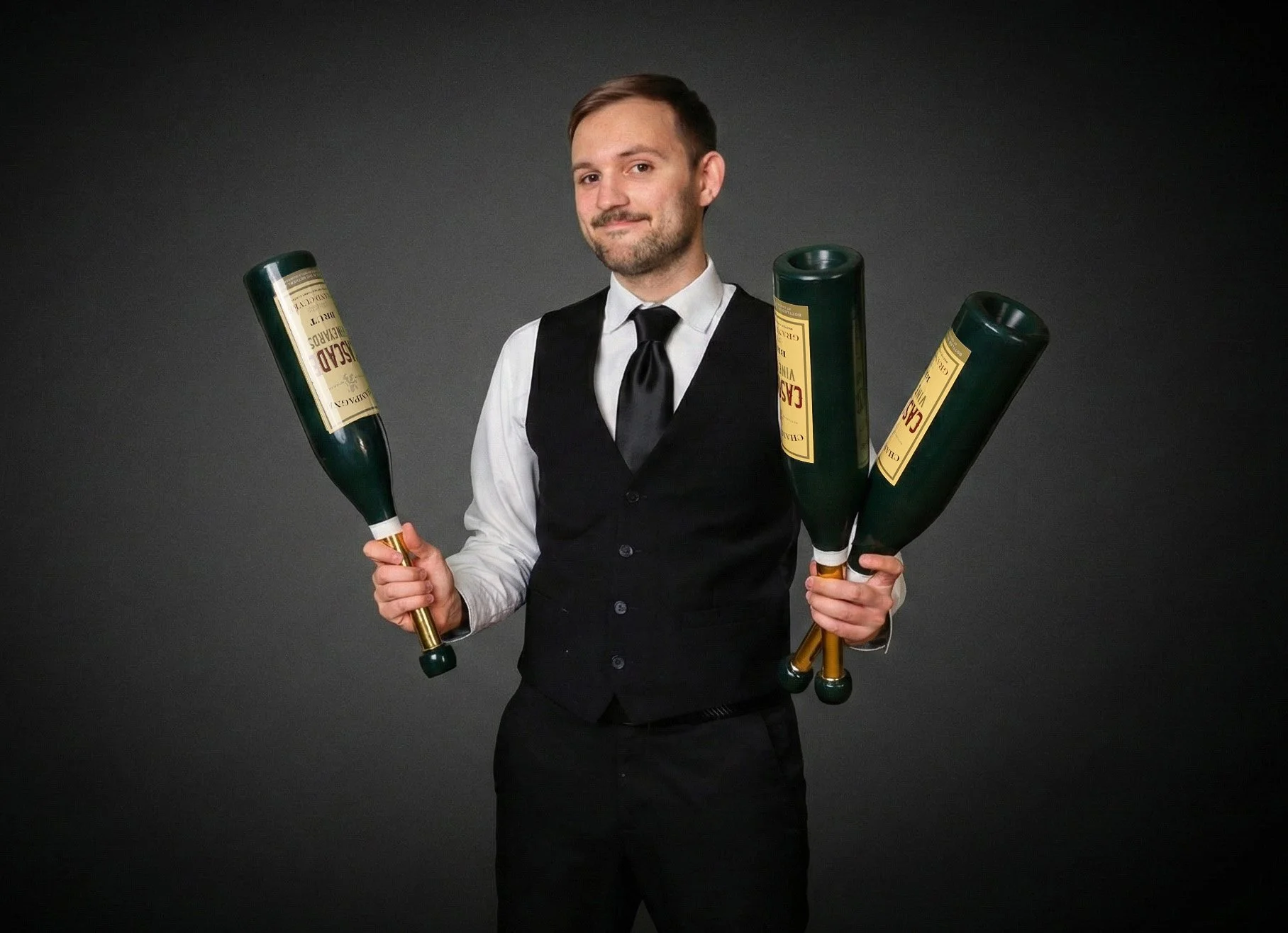 A man in a black vest, white shirt, and black tie holding three large inflatable champagne bottles, standing in front of a dark background.