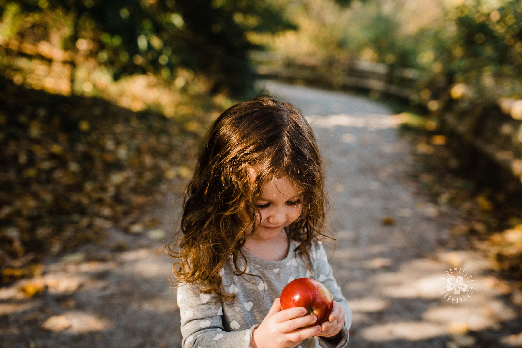 Sweet little girl looking at her apple in her hand while standing in a beautiful trail of Fall season