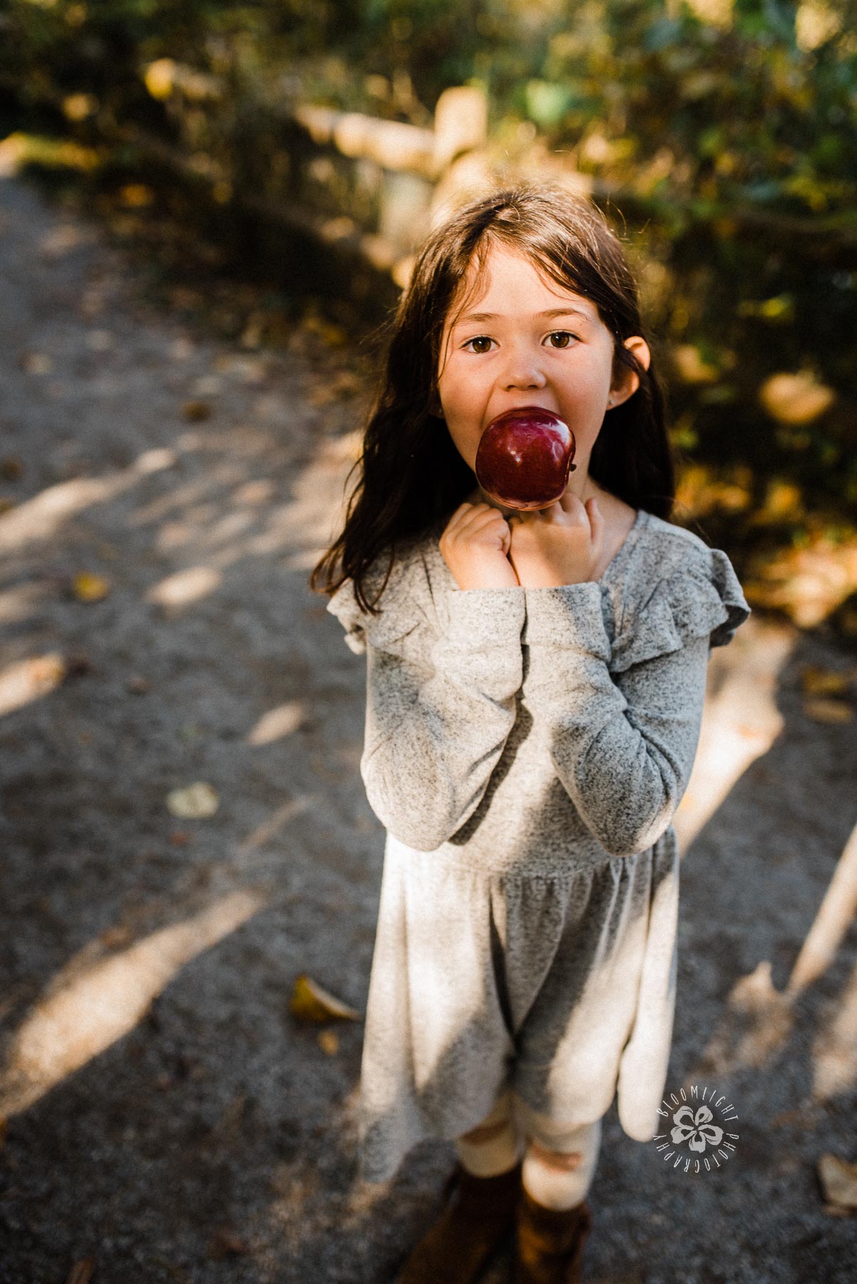 A playful girl holding a red apple in her mouth