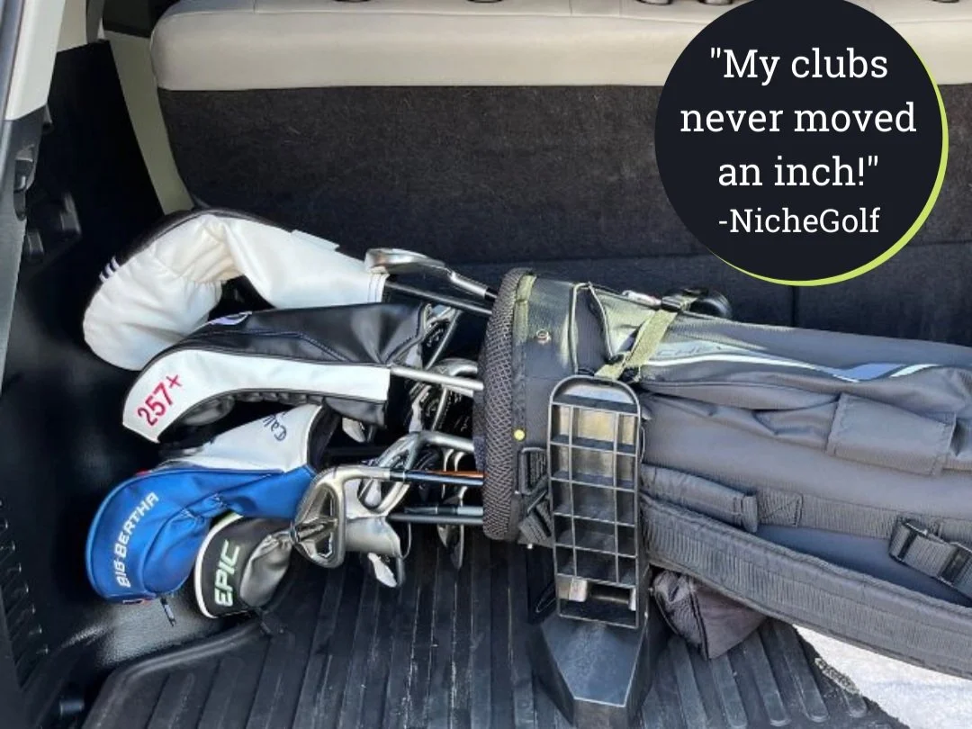 I put the  Golf Cradle  in my SUV trunk and put my bag on top of it. I started off not using the strap provided, and I can honestly say my clubs never moved an inch…Replacing any Driver or Fairway Wood would cost hundreds and the Golf Cra