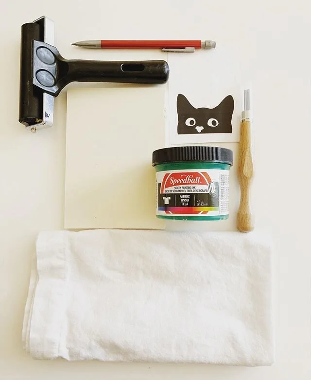 We are excited for our freeee block printing workshop this Friday at 5! Pictures are the supplies you will need to create your own print- fabric ink, ink roller, rubber stamp, carving tool, design of your choosing, pencil and whatever you want to pri