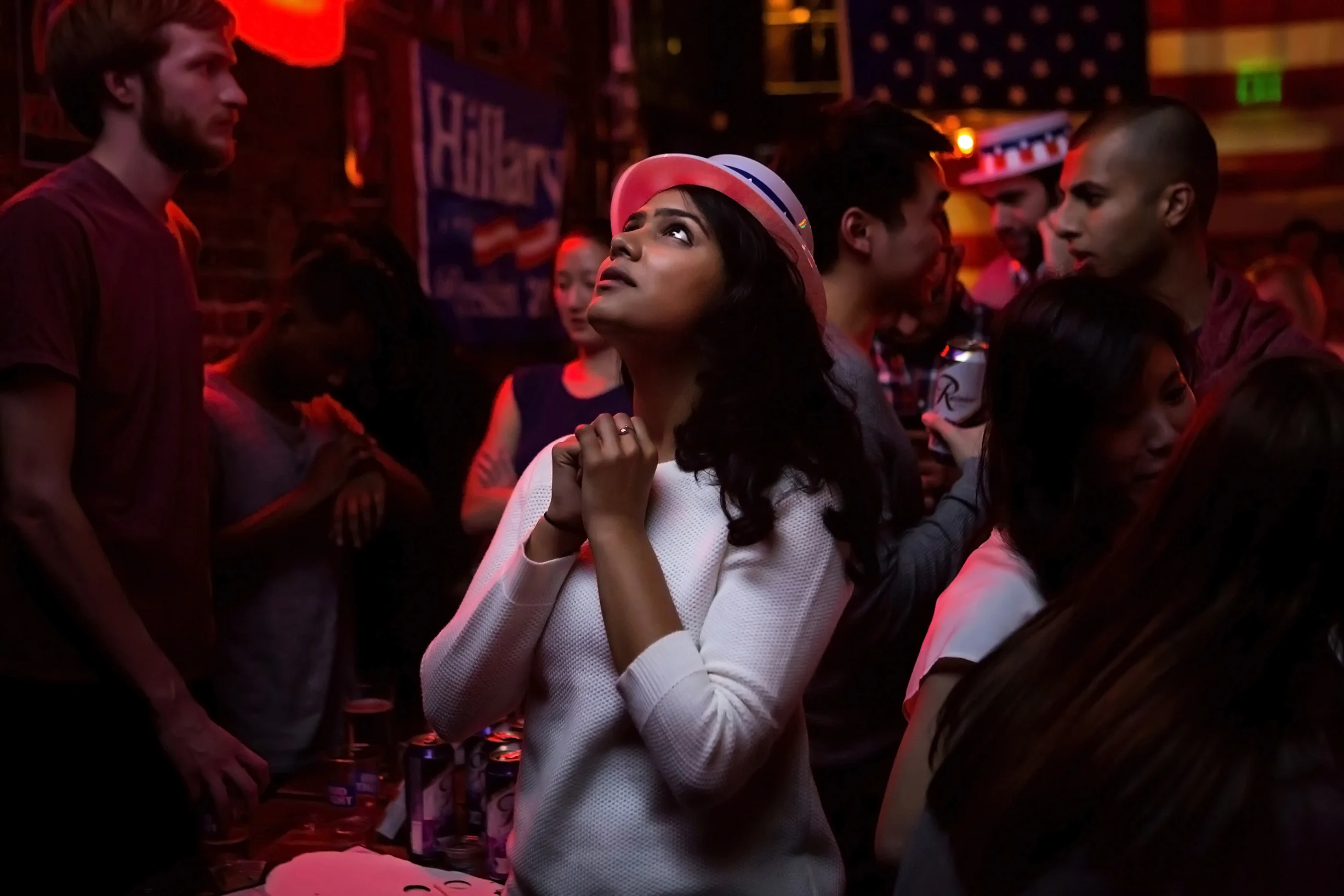 Sri Vasamsetti, 22, reacts to presidential candidate Donald Trump’s progress in the swing state of Florida during an election viewing party at the Comet Tavern in Seattle’s Capitol Hill neighborhood, Tuesday, Nov. 8, 2016. “It’s terrifying to watch the map turn red,” Vasamsetti said. (Sy Bean / The Seattle Times)
