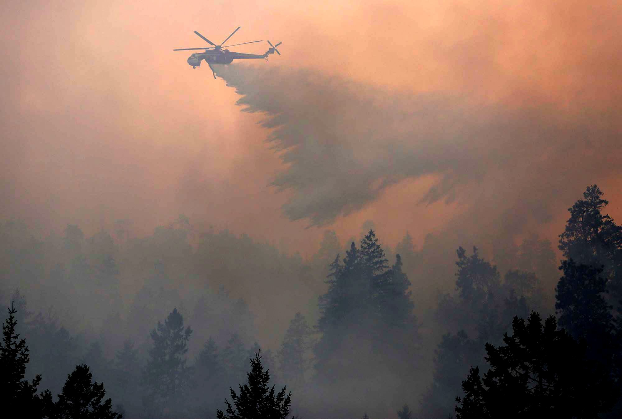  An Erikson Sky Crane drops a load of water on the First Creek Fire in the Lake Chelan State Park on Sunday, Aug. 16, 2015. 