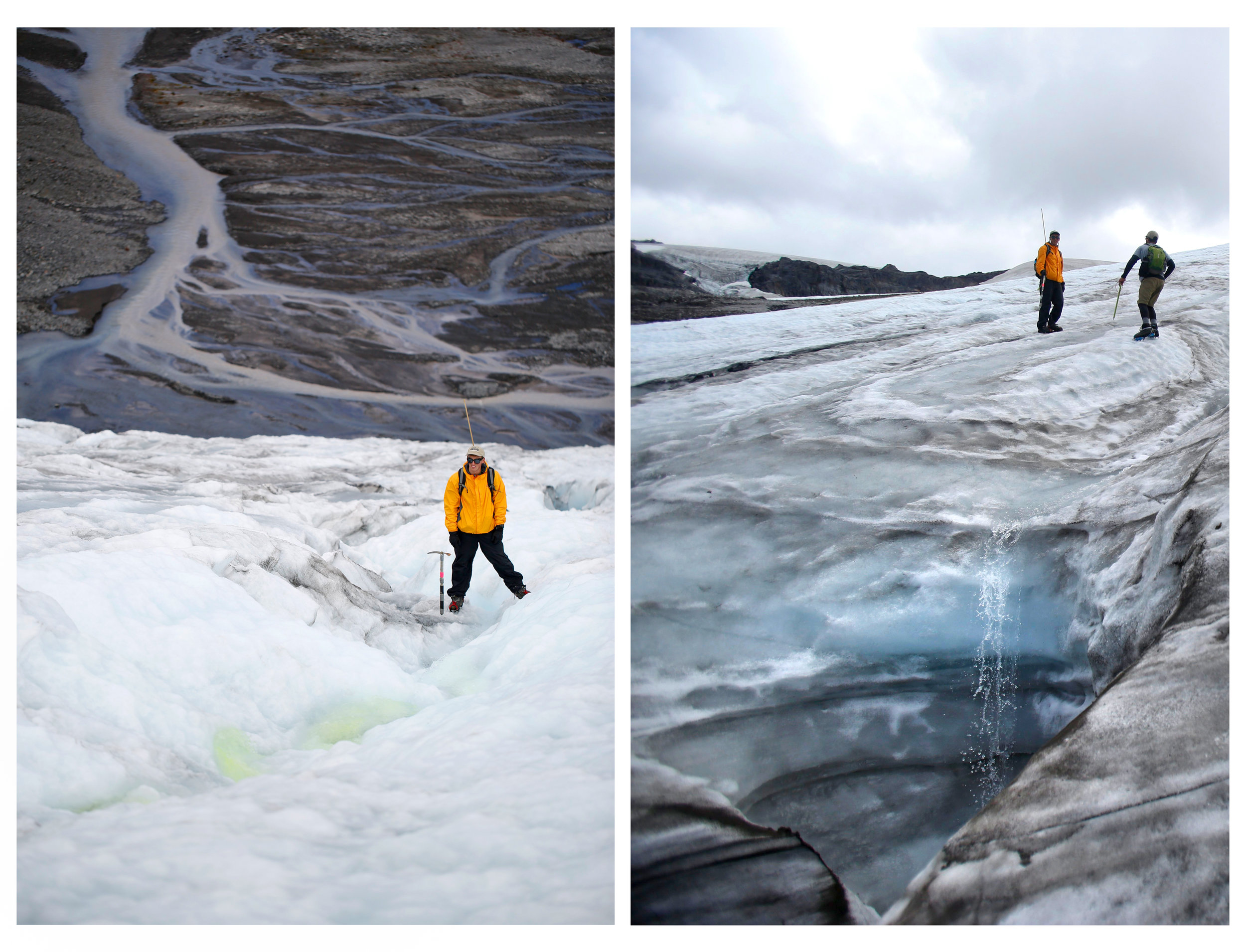  RIGHT: Ben Pelto, son of glaciologist Mauri Pelto, records the time it takes for biodegradable dye to make its way down a glacial stream in order to calculate the volume of runoff on Sholes Glacier. LEFT: Ben Pelto and Tyler Sullivan make their way 