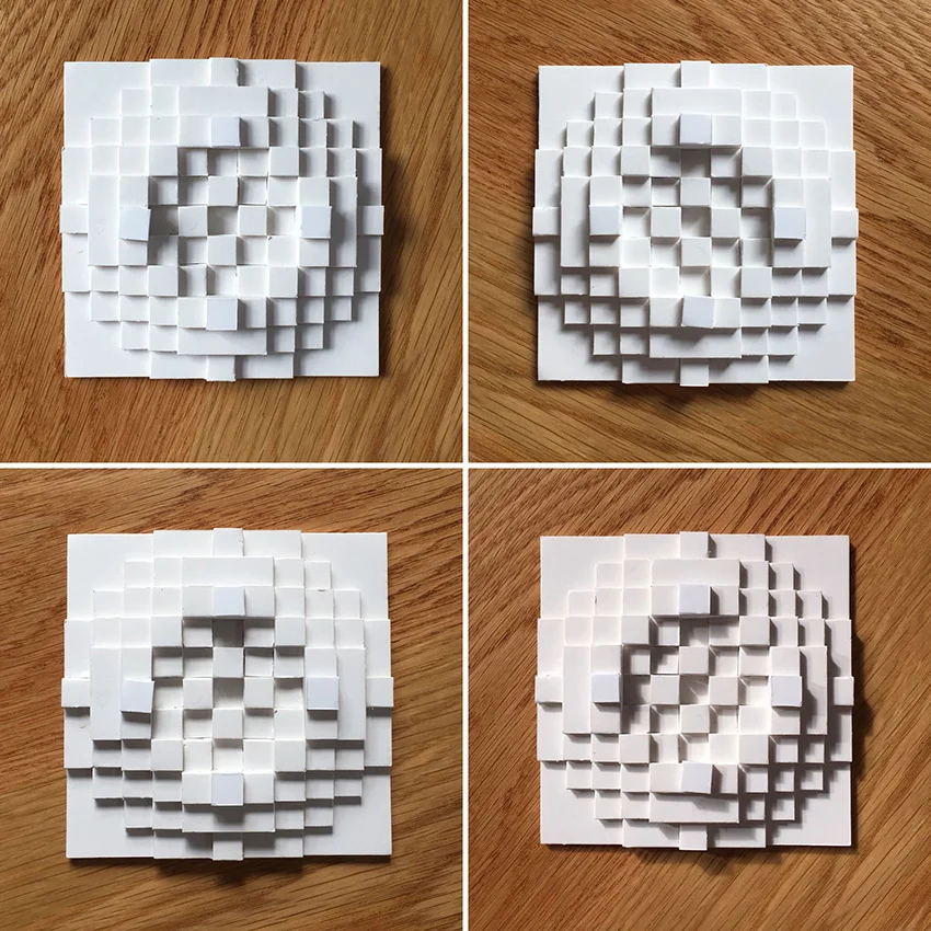 One mock-up, with lighting from different angles, creating varying shadow effects. You might need to squint a little to see how this translates into one of my paintings! This mockup was the basis for a painting titled Donut. Can you make out the raised circle shape?