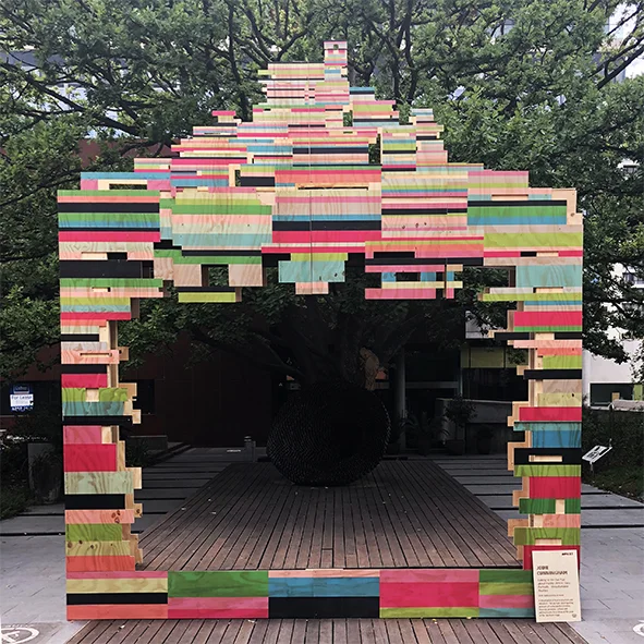 Jodie Cunningham | Stage Installation | 'Talking to the Tax Man About Poetry- Artists Data Portraits-Unsustainable Realities' 2018 Digital print on plywood, CNC cut