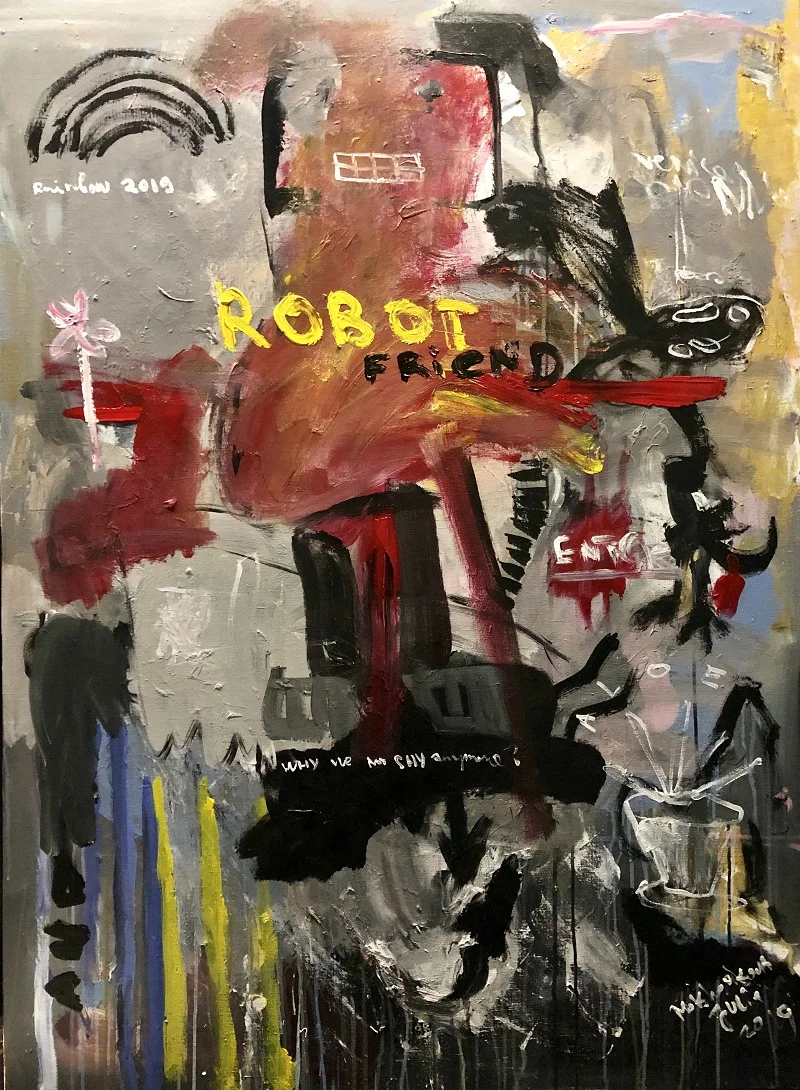 robot friend canvas, acrylic 150x110cm
