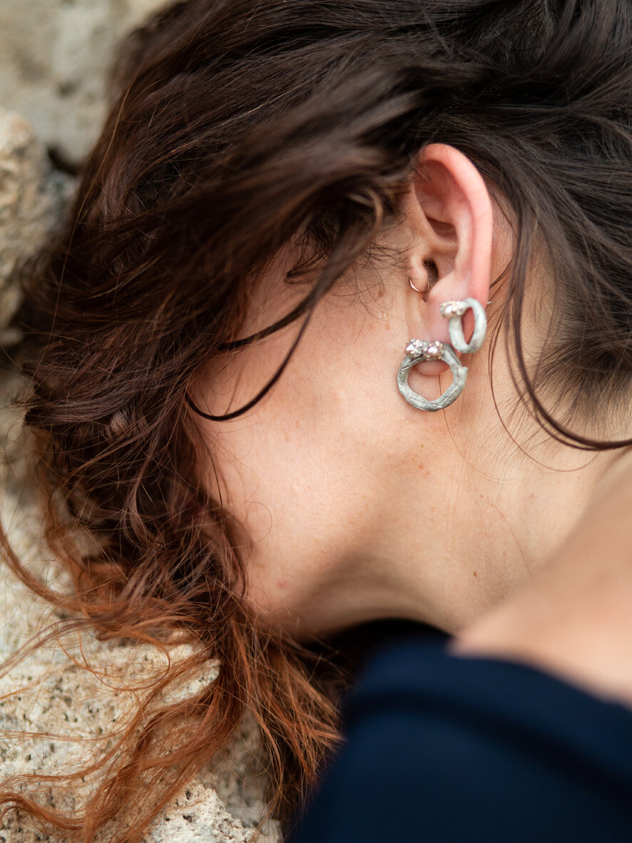 earring tepual - shibuichi and pearls