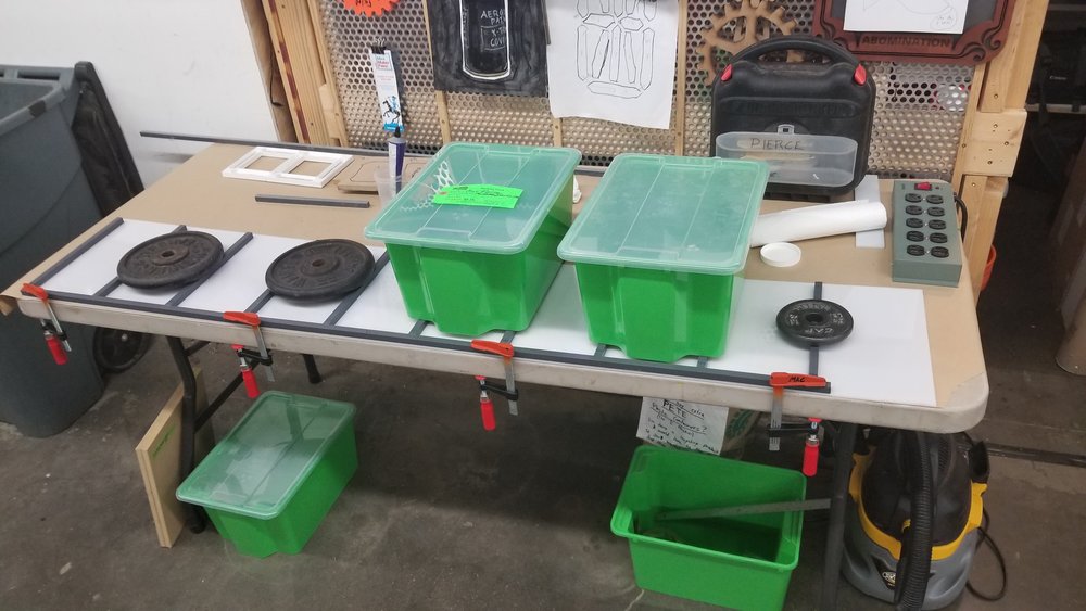  I ran out of weights, and ended up using these Ikea storage containers filled with water. Worked pretty well. 