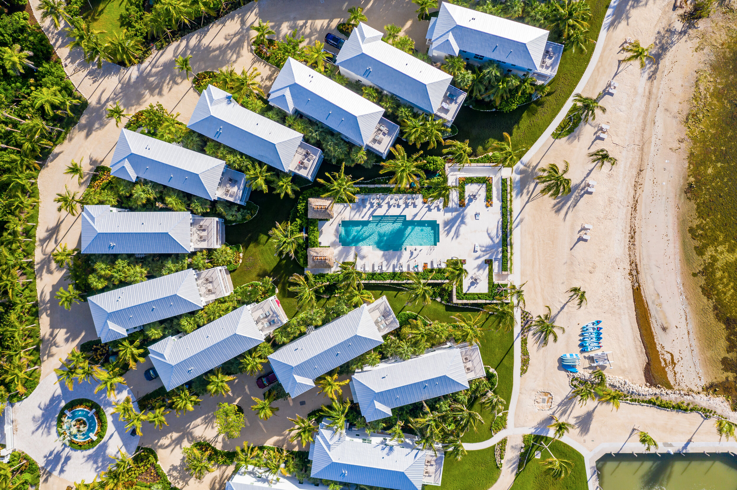  Aerial view of The Islands of Islamorada villas, private beach, and pool. 