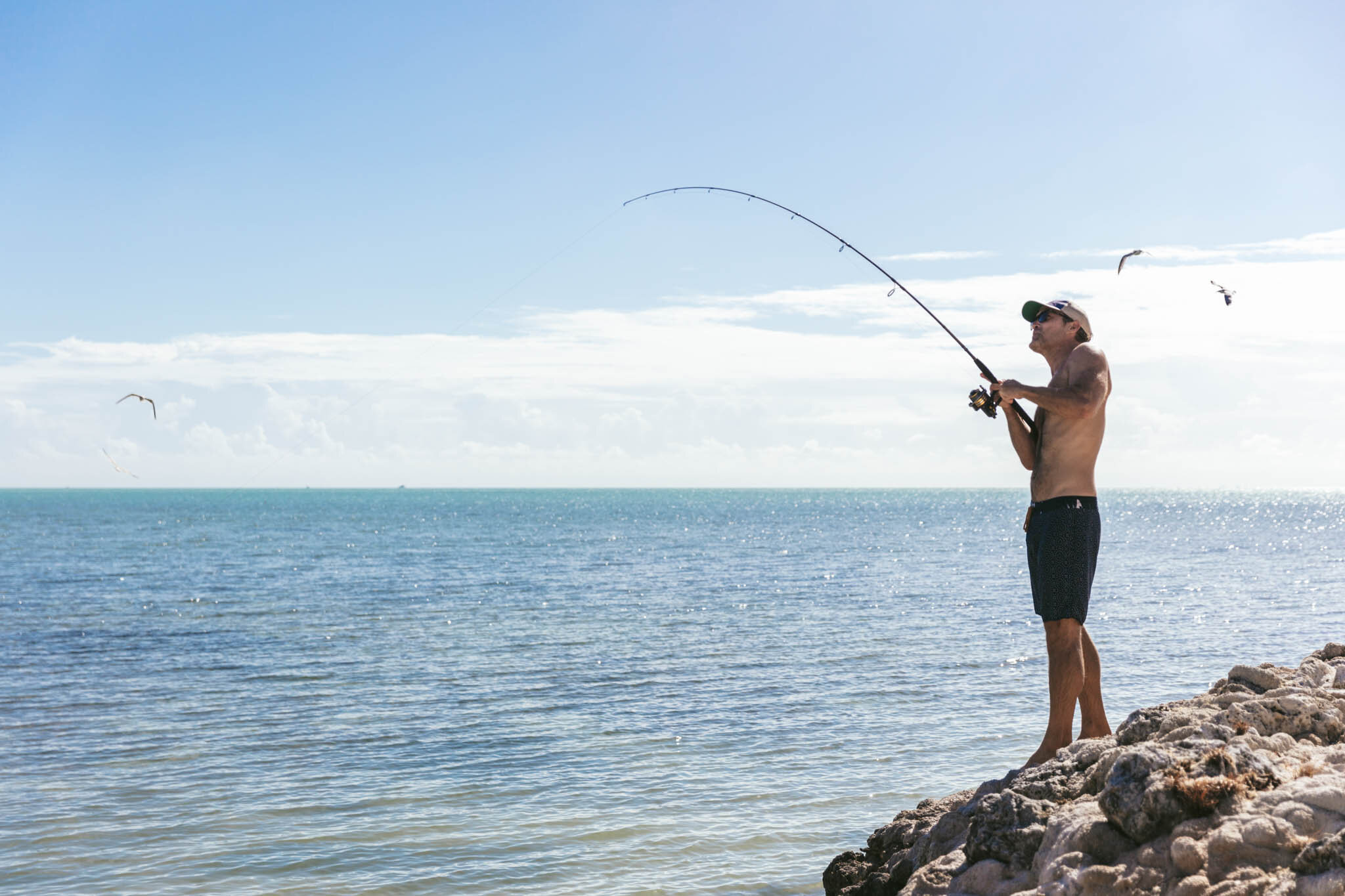  Man Reels In A Catch While Fishing Off The Islands Of Islamorada’s Private Jetty As Seagulls Fly Over The Ocean In The Background. 