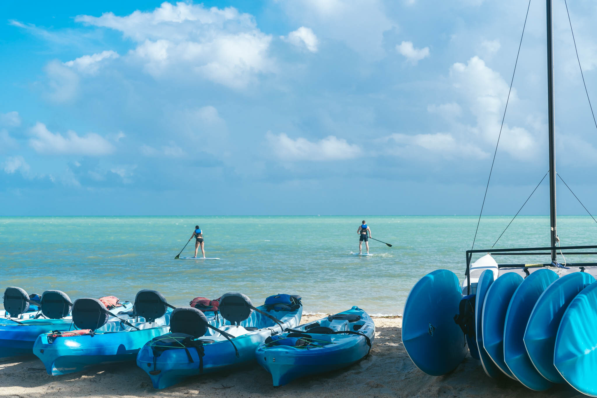  Row of paddleboards and kayaks on The Islands of Islamorada’s private beach, with two people paddleboarding in the Atlantic Ocean. 