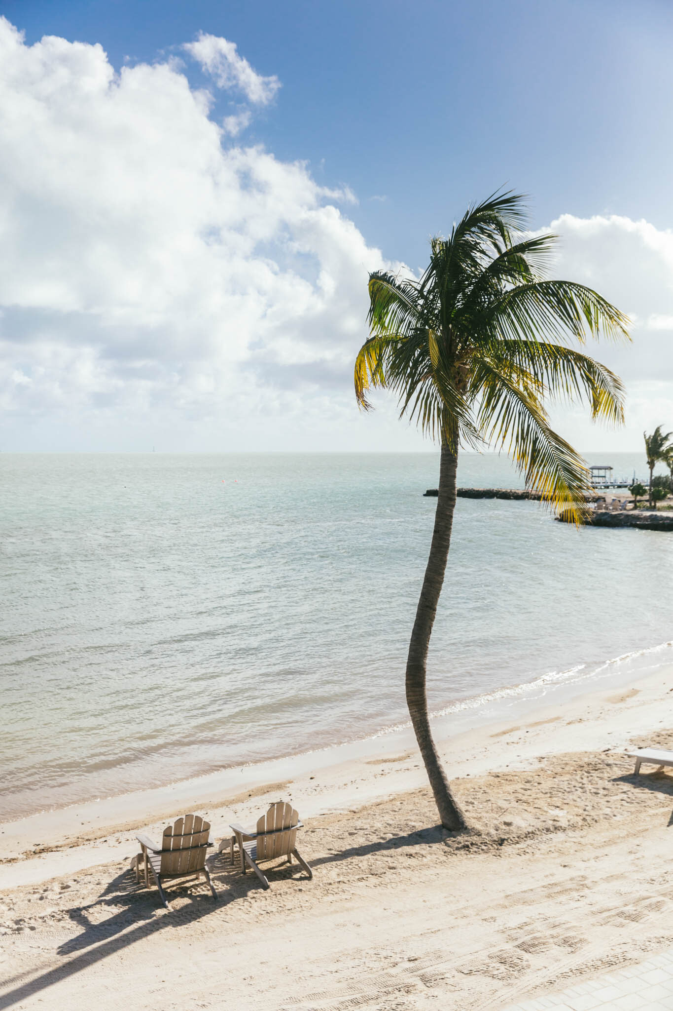  Aerial view of a palm tree on The Islands of Islamorada’s private beach, with two chairs facing the Atlantic Ocean. 