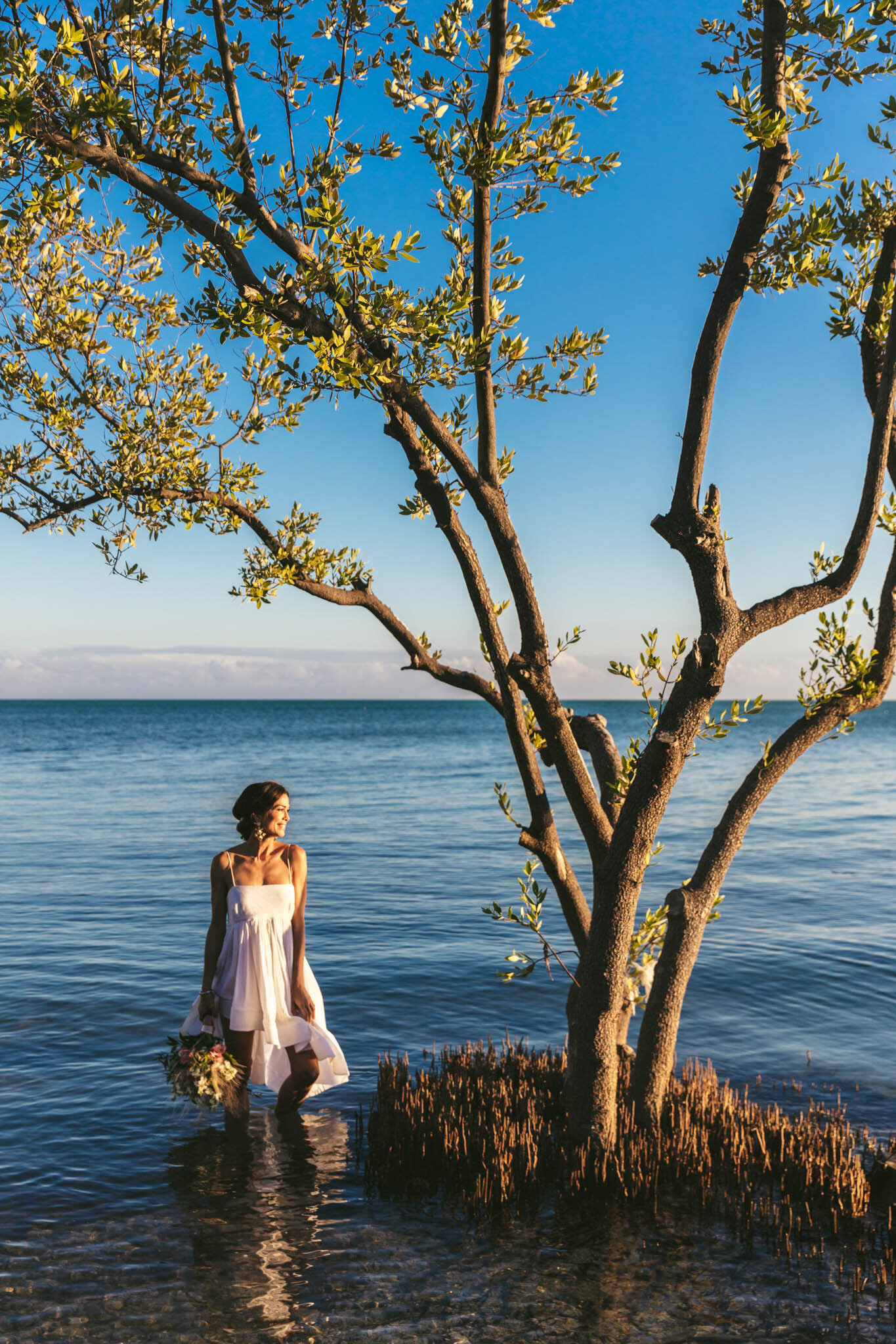  Bride in her wedding dress and bouquet stands in the water of the Atlantic Ocean next to a tree on The Islands of Islamorada’s private beach. 