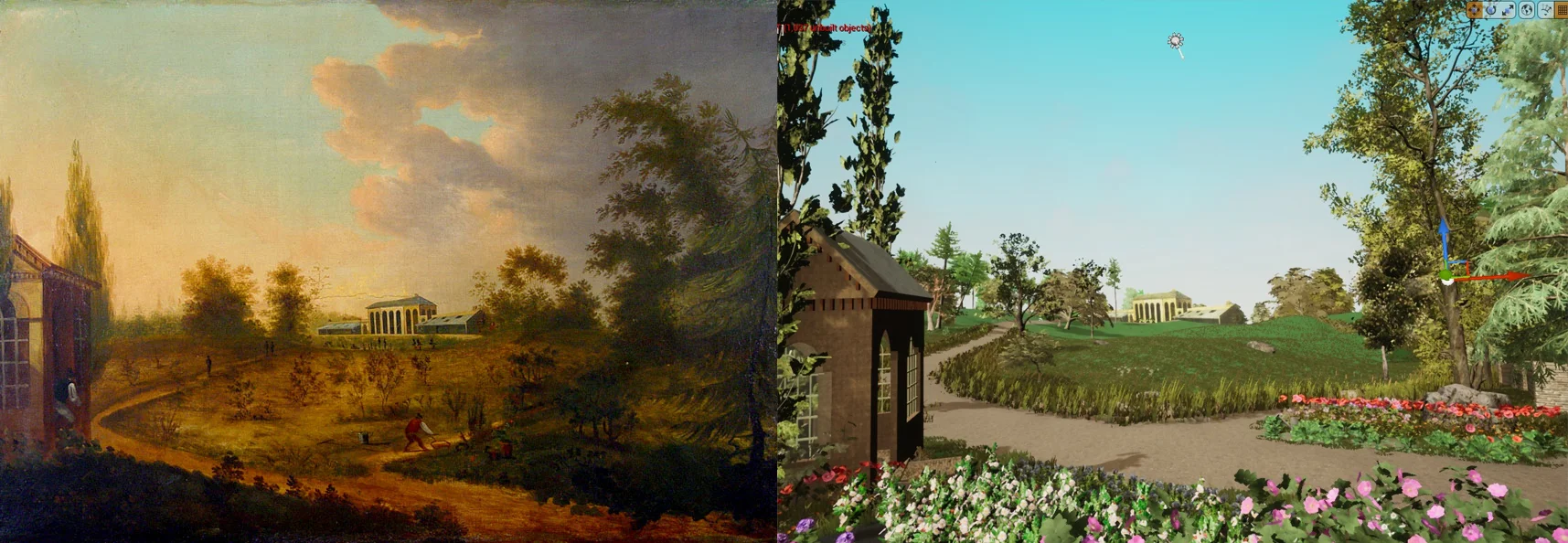 Painting of Elgin Garden (circa 1810) and test Unreal Engine rendering