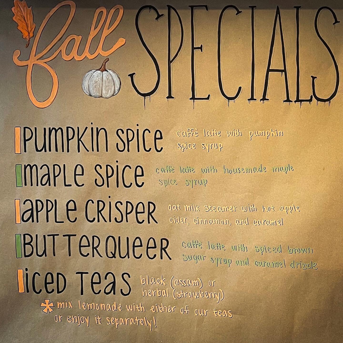 .
#Autumn 2023 Drink Specials 😋
#MonVertCaf&eacute; #DrinkSpecials ☕️
#Coffee #Caf&eacute;Life #Autumn2023
#September2023 #WoodstockVT
@wlsterling #ThankYou for your
great line work on this!! #Artistic 
#Art #CoffeeTime #TeaTime #🫖
#WoodstockVermon