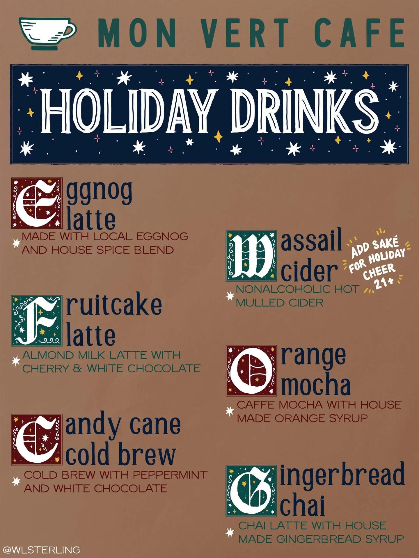 Come celebrate the holidays with us at Mon Vert! We&rsquo;re very excited to share our festive seasonal drink menu with you. Truly some of our best yet! Which are you most excited for? ☕️🎄

Drink menu design by local artist (and Mon Vert baker) @wls