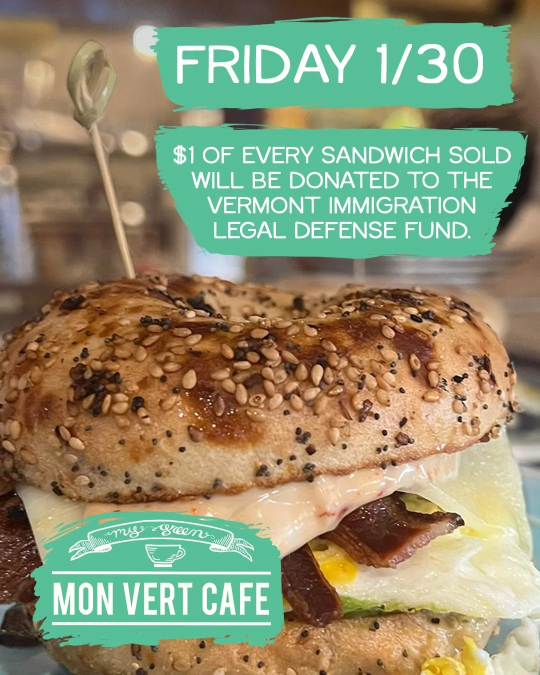 .
Mon Vert Cafe stands with the Nationwide Shutdown protest to abolish ICE tomorrow (Friday 1/30). As a small business, we will be staying open, but still want to show support and contribute. 

The cafe will be donating $1 from every sandwich sold to