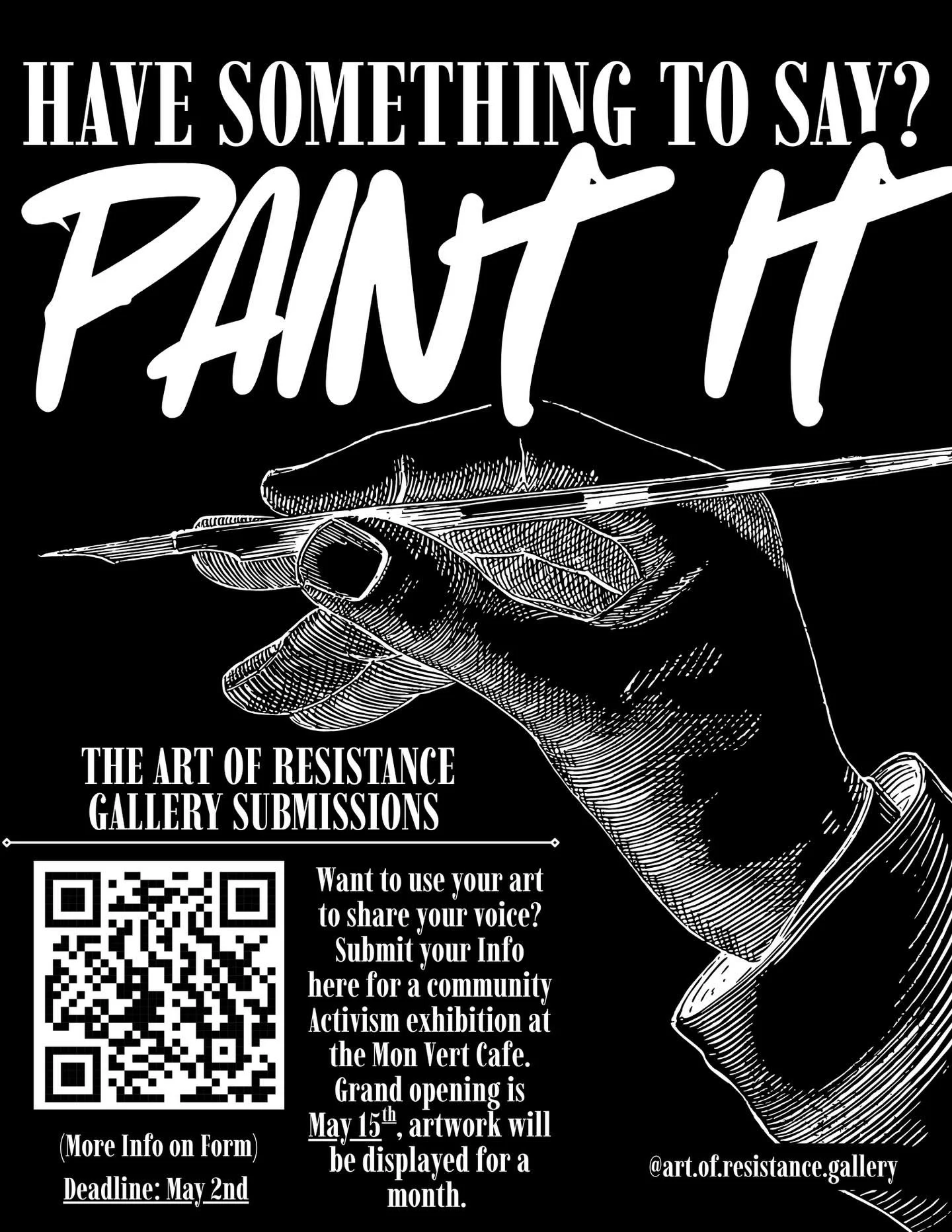 Mon Vert Cafe is teaming up with a sophomore at Woodstock Union High School to present The Art of Resistance Gallery! 🎨
She is currently working on an independent study project through the Community Connections classroom about art and activism. As p