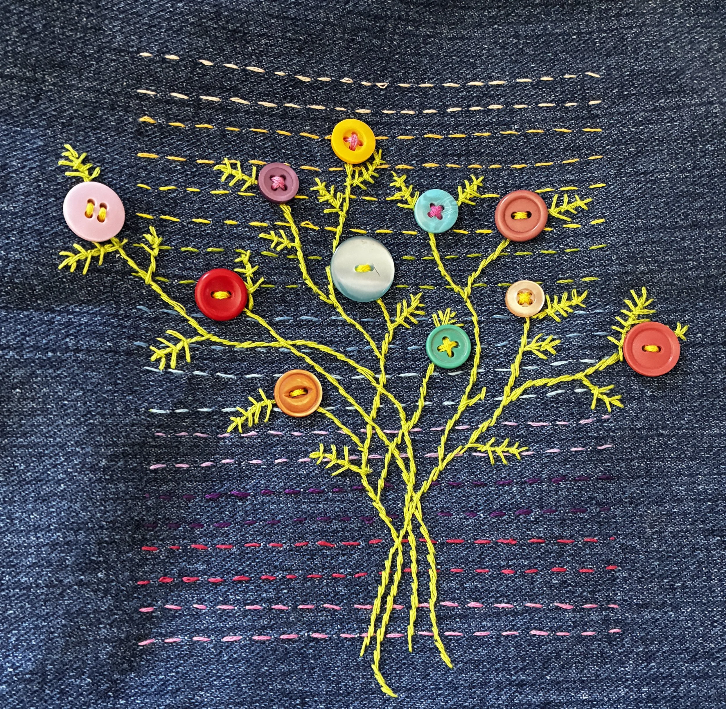 Buttons and embroidery on denim