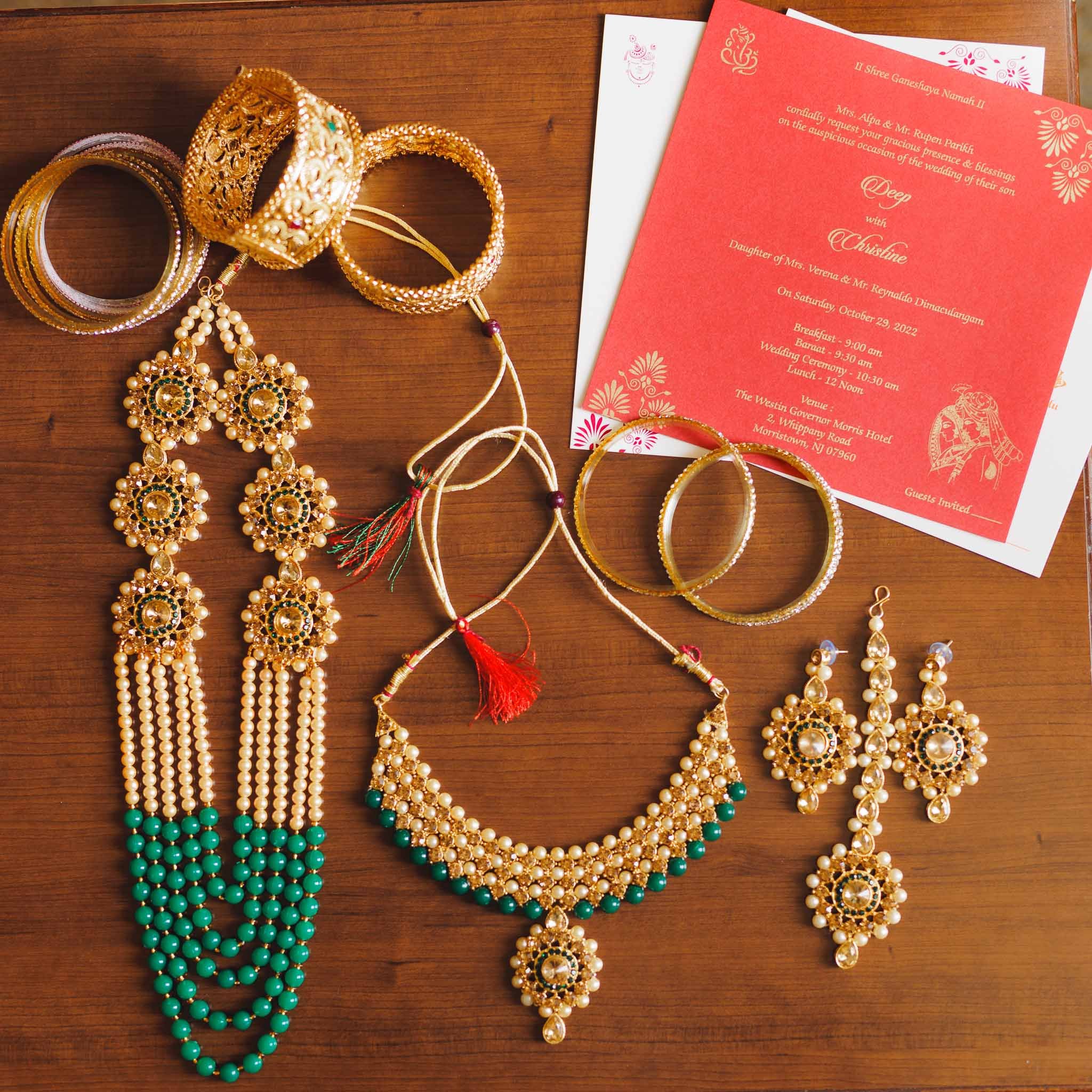 Flatlay of Indian ornaments worn by Indian bride taken by Indian wedding photographer 