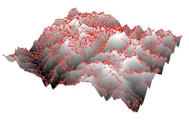 The point cloud (red dots), overlaid on the relief map in ESRI ArcScene