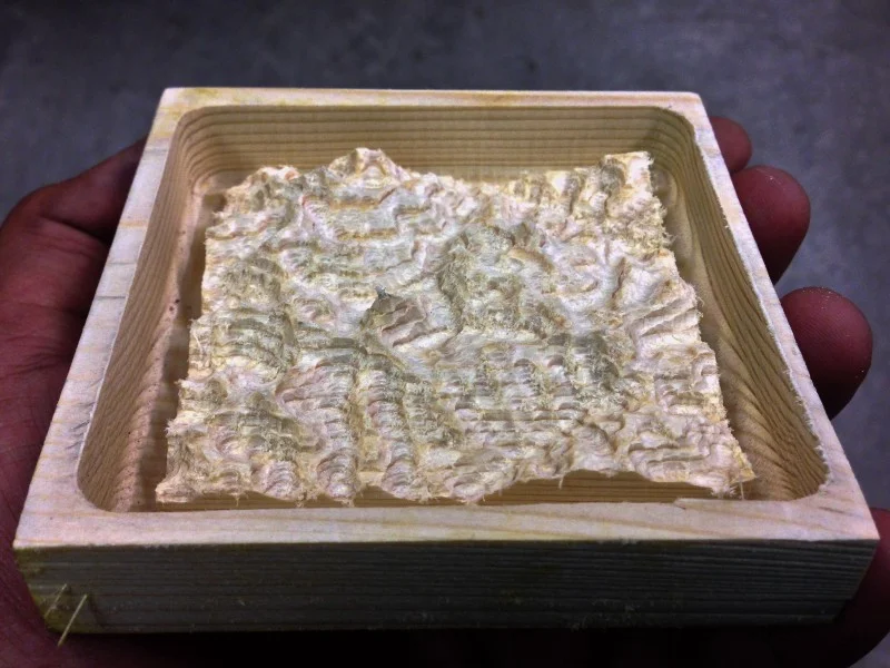 The final product: A model of the Nanda Devi sanctuary in wood, based on data from the Space Shuttle and carved using a CNC router.