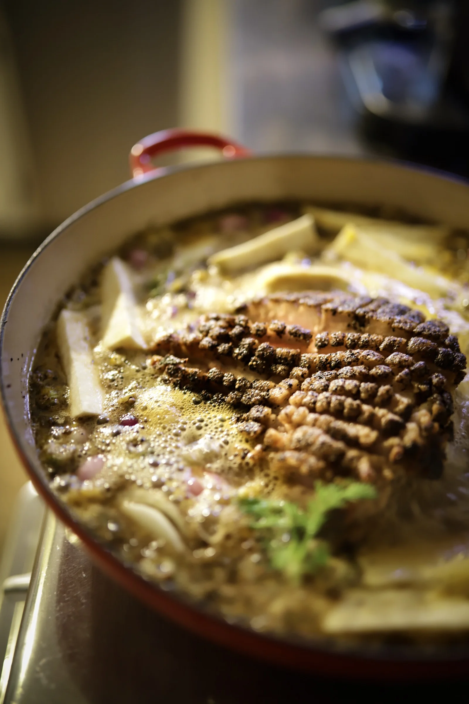 And into the braising liquid!