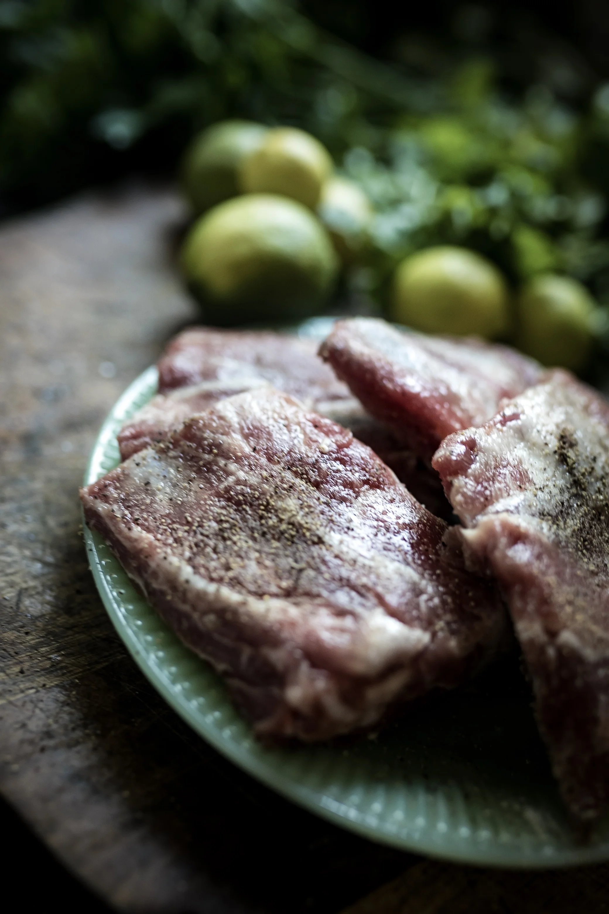 The pork ribs, cut into twos