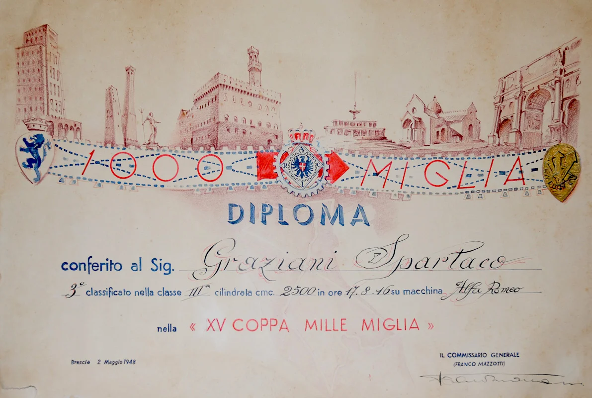 Original hand-lettered Diploma from the 1948 Mille Miglia. Graziani finished 3rd in class and 22nd overall with a time of 17 hours, 8 minutes, 46 seconds. Photo courtesy of David Cooper.