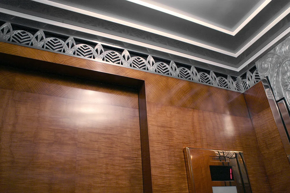 Photo: Art Deco elevator cab interior after restoration; detail