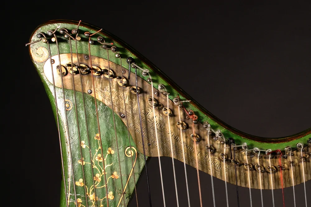 Egan harp with an original brass action plate with the engraving – “J. Egan 30 Dawson St. Dublin