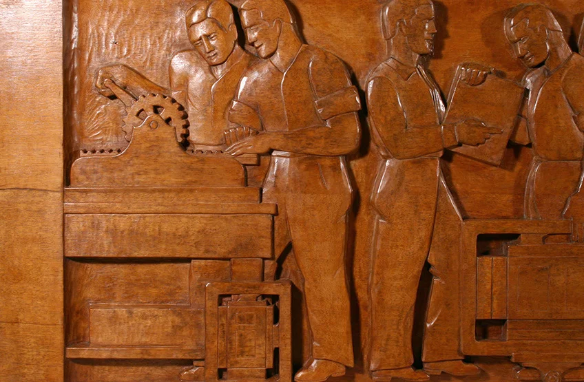 Photos above: The Evolution of the Book, Wood Sculptural Relief by Peterpaul Ott, detail before and after conservation